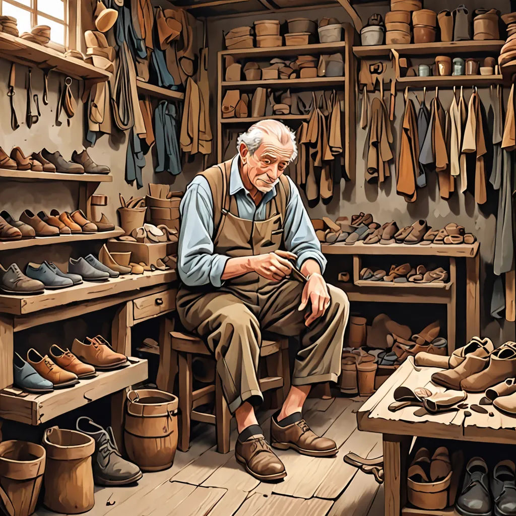 a man sitting in a shoe shop surrounded by shoes and other items on shelves and shelves with shoes on them, arts and crafts movement, a storybook illustration, Colin Middleton, highly detailed digital painting