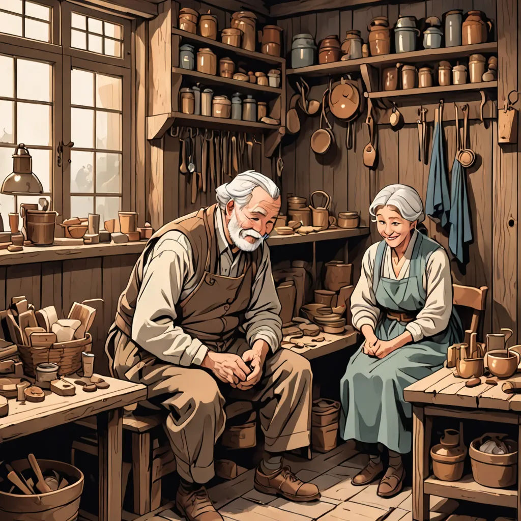 a man and a woman sitting in a room with pottery on the walls and shelves on the wall and a shelf with pots and pans on the floor, arts and crafts movement, a storybook illustration, Evgeny Lushpin, highly detailed digital painting