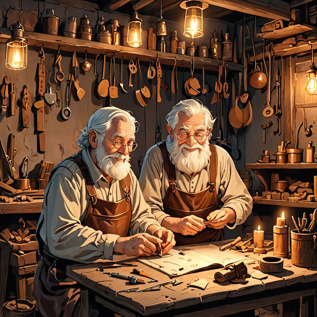 two men working on a piece of wood in a shop with hanging lights and hanging pots and pans, arts and crafts movement, computer graphics, Brothers Hildebrandt, highly detailed digital painting