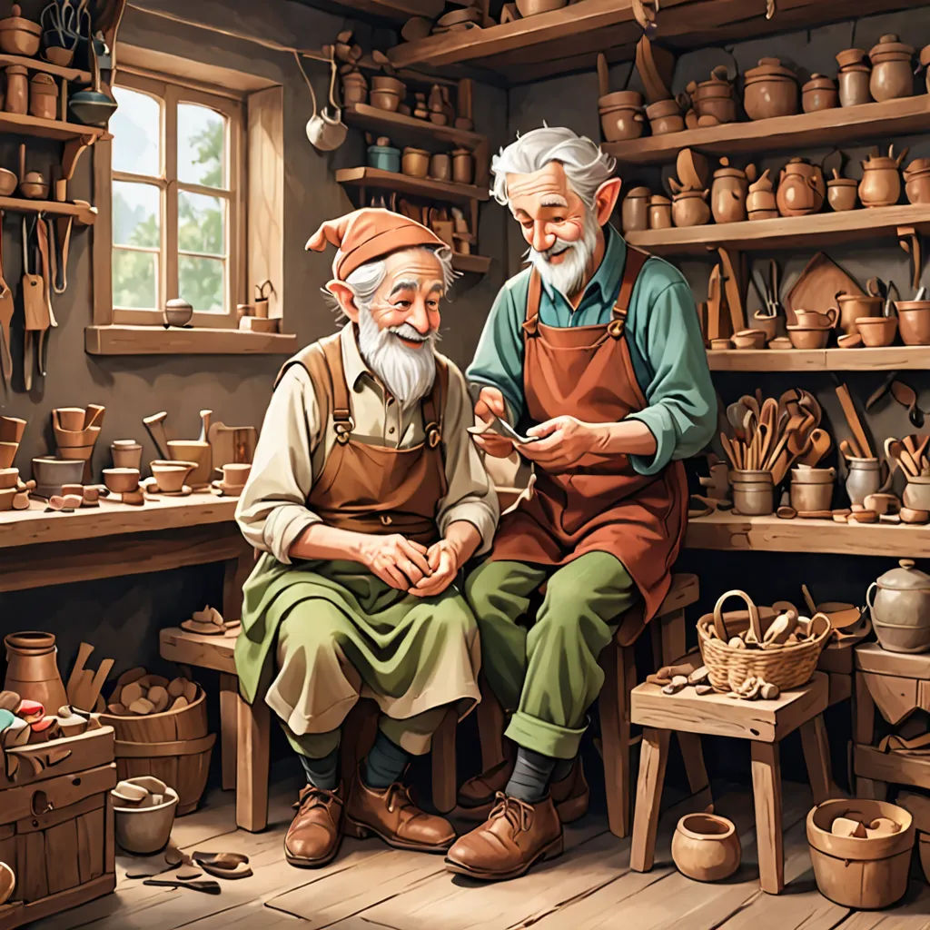 a painting of two men in a pottery shop looking at a piece of pottery on a table with a basket, fantasy art, a storybook illustration, Brothers Hildebrandt, highly detailed digital painting
