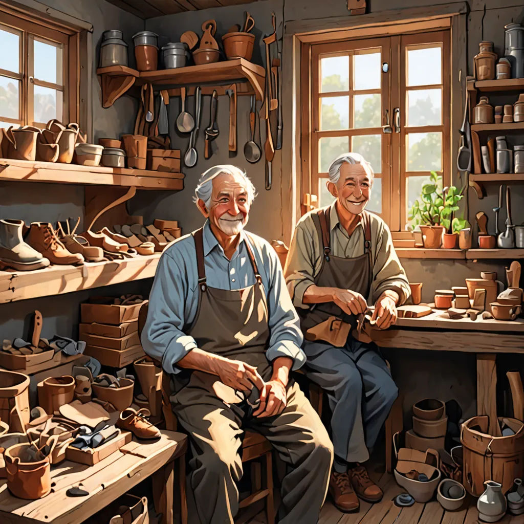 two men sitting in a room filled with pots and pans and pots on the shelves and pots on the floor, arts and crafts movement, a storybook illustration, Brothers Hildebrandt, highly detailed digital painting