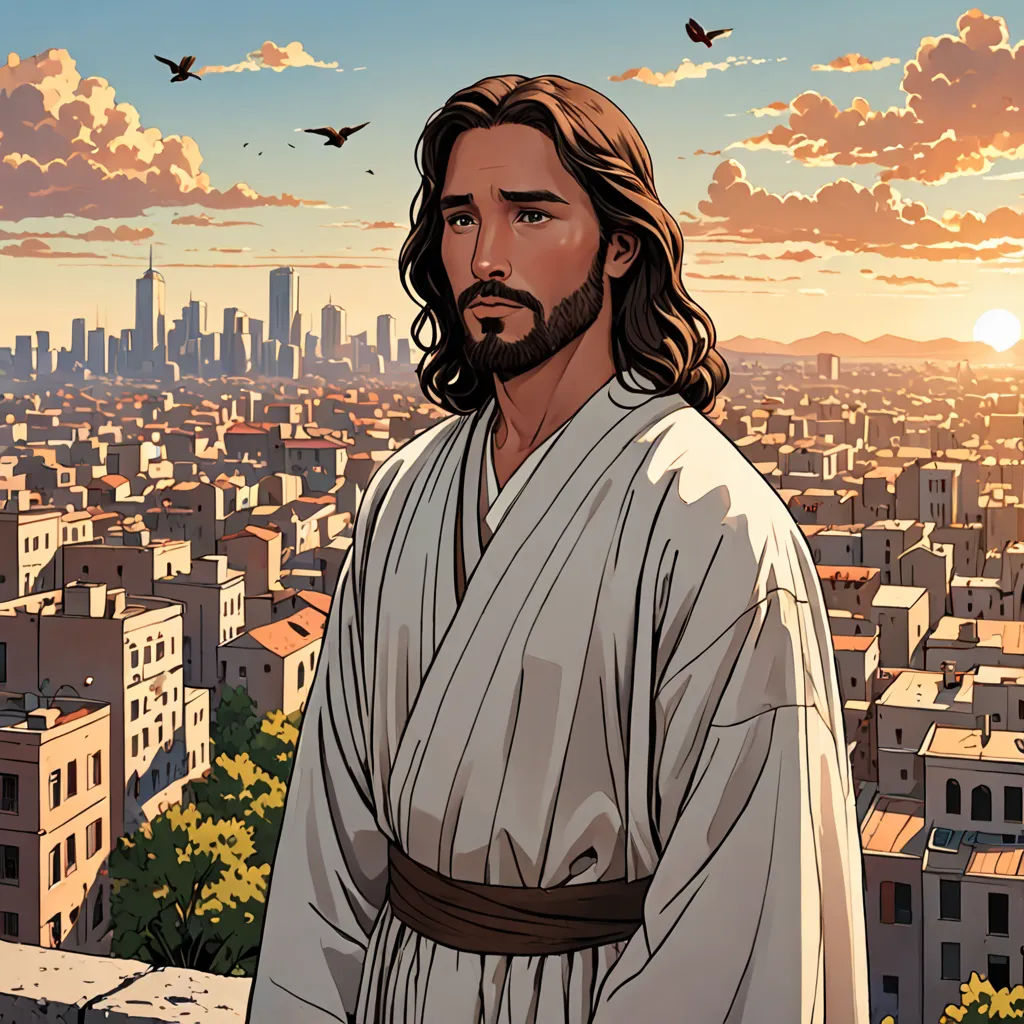 a man with a beard and a beard standing in front of a cityscape with birds flying overhead, socialist realism, a comic book panel, Asaf Hanuka, graphic novel