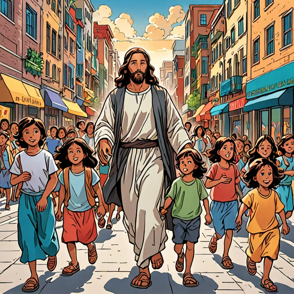 a cartoon of jesus walking down a crowded street with children in the background and a crowd of people walking around, lyco art, a comic book panel, Asaf Hanuka, comic cover art