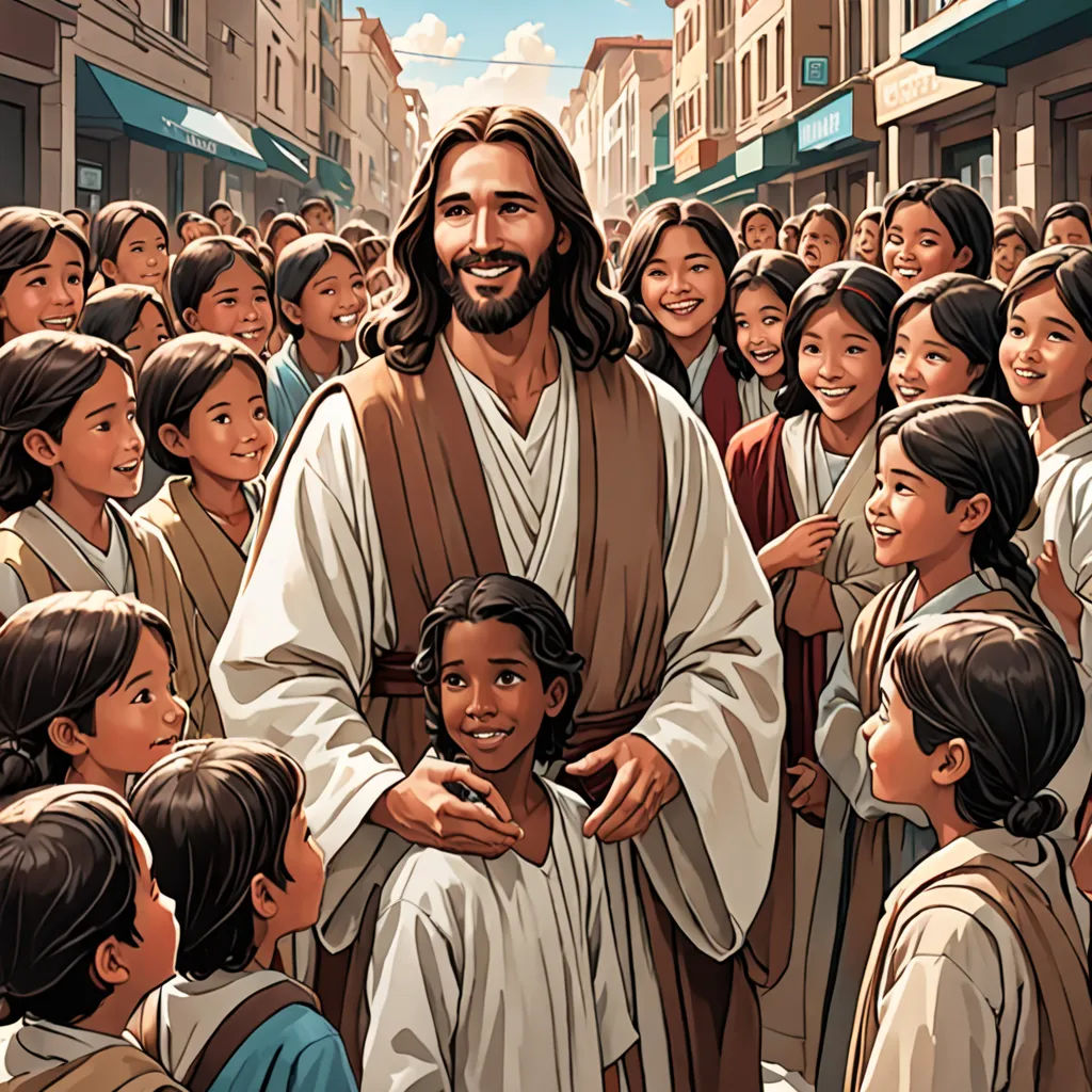 a painting of jesus surrounded by children in a crowded street with buildings and buildings in the background, with a man in a brown robe, excessivism, a storybook illustration, F Scott Hess, rossdraws global illumination