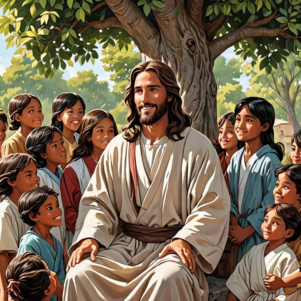 a painting of jesus sitting on a tree surrounded by children in front of him and a tree with leaves, figurativism, a storybook illustration, Brothers Hildebrandt, trending on furaffinity
