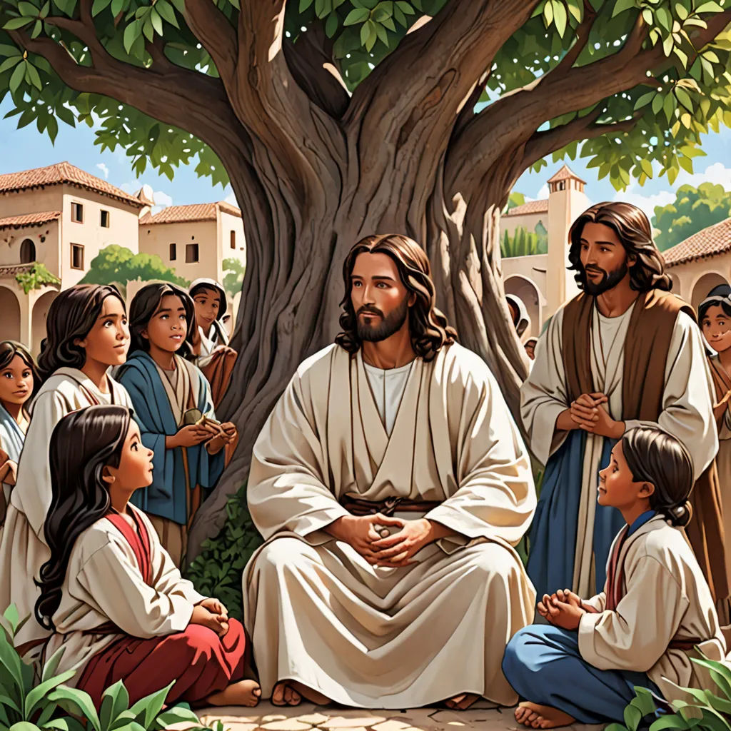 a painting of jesus sitting under a tree with his children and a group of people around him in front of him, figurativism, a storybook illustration, Brothers Hildebrandt, storybook illustration