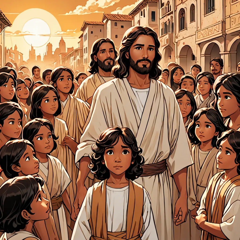 a painting of jesus surrounded by children in a city street at sunset with a sun setting behind him and a crowd of people, incoherents, a storybook illustration, Brothers Hildebrandt, rossdraws global illumination