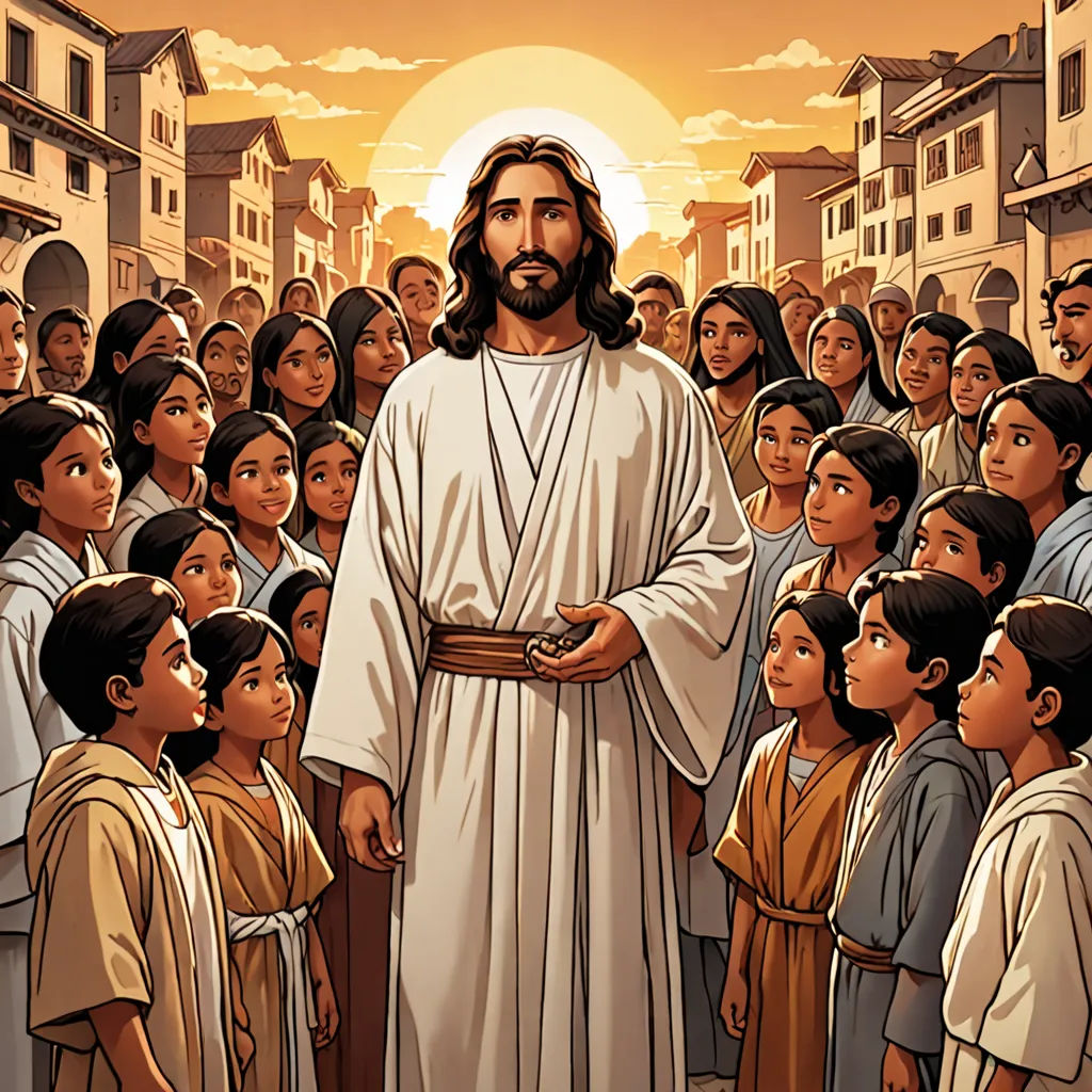 a painting of jesus standing in front of a crowd of people with a sun in the background and a building, naive art, a storybook illustration, Brothers Hildebrandt, rossdraws global illumination