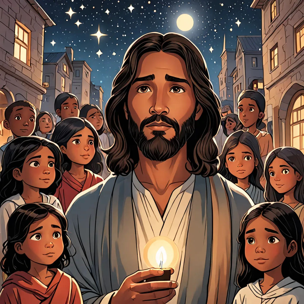 a man with a beard holding a light in front of a crowd of people in a city at night, naive art, a storybook illustration, Asaf Hanuka, comic cover art