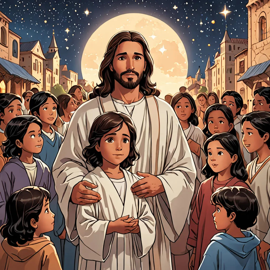 a painting of jesus holding a child in front of a crowd of people in a city at night with a full moon, naive art, a storybook illustration, Brothers Hildebrandt, kinkade