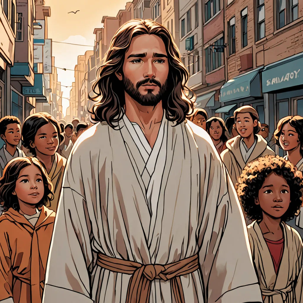 a man in a robe is walking through a crowd of people in a city street with buildings and a crowd of people, excessivism, a comic book panel, F Scott Hess, graphic novel