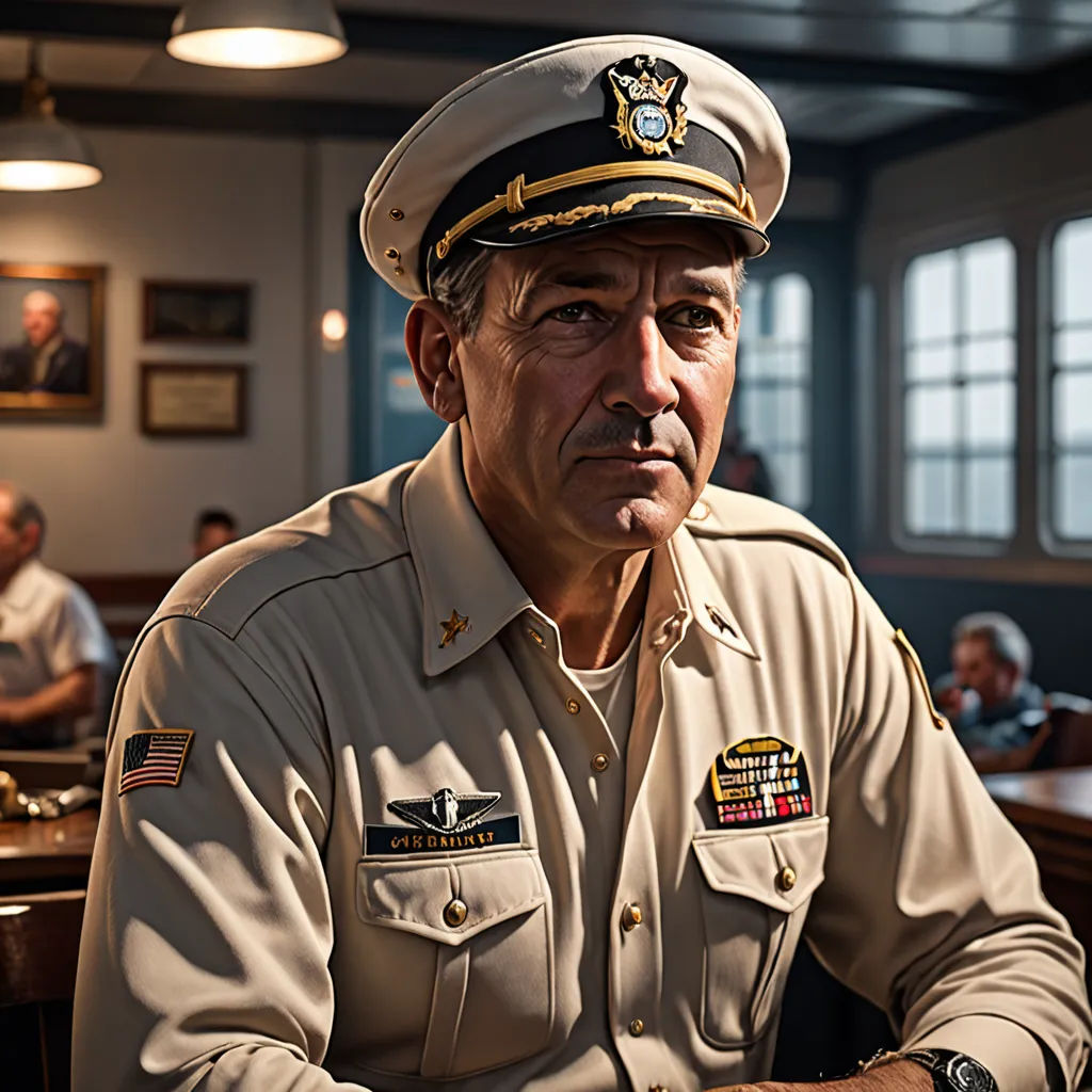 a man in a military uniform sitting at a table in a restaurant with other people in the background and a man in a military uniform, american scene painting, a character portrait, Ed Benedict, promotional image