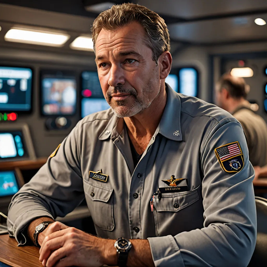 a man in a military uniform sitting at a table in a control room with many monitors on the wall, holography, a character portrait, Eric Taylor, promotional image