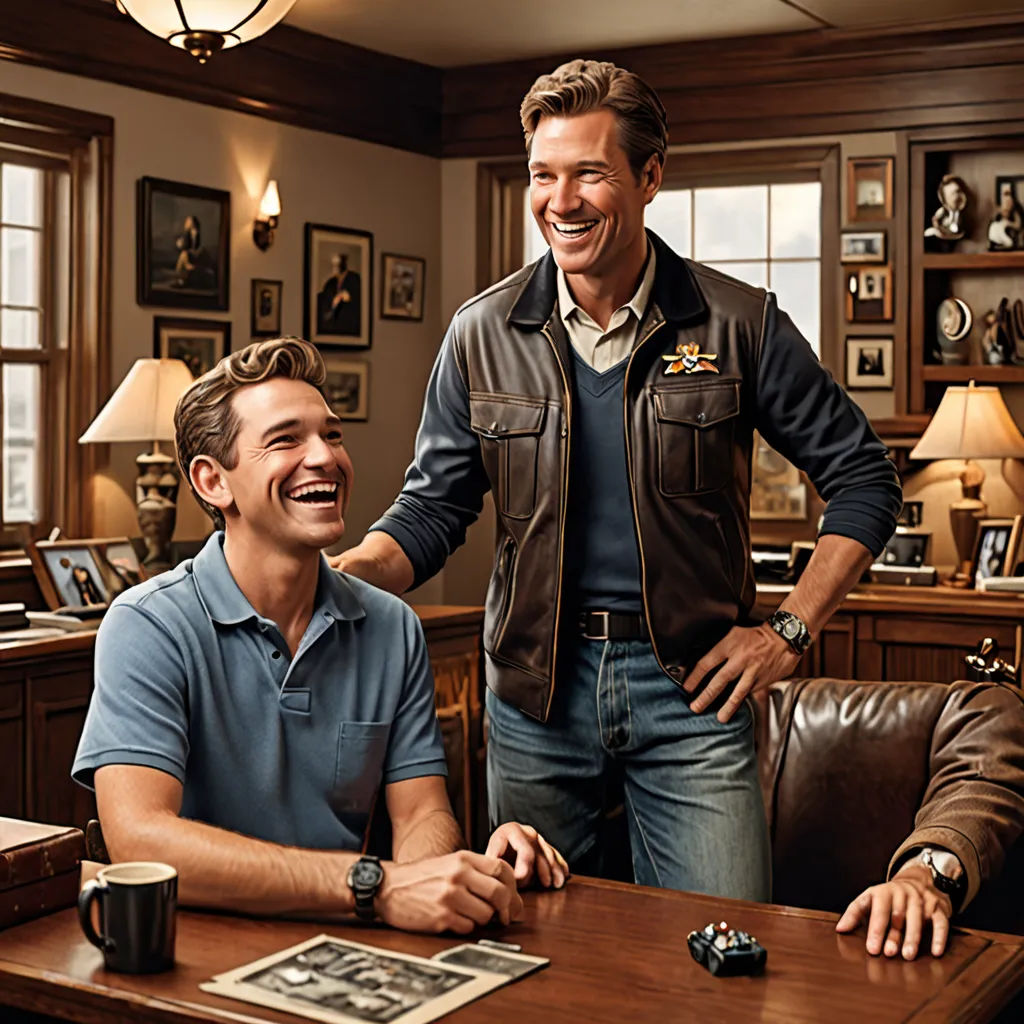 two men sitting at a table with a camera and a book in front of them, smiling and laughing, american realism, a storybook illustration, Doug Ohlson, promotional image