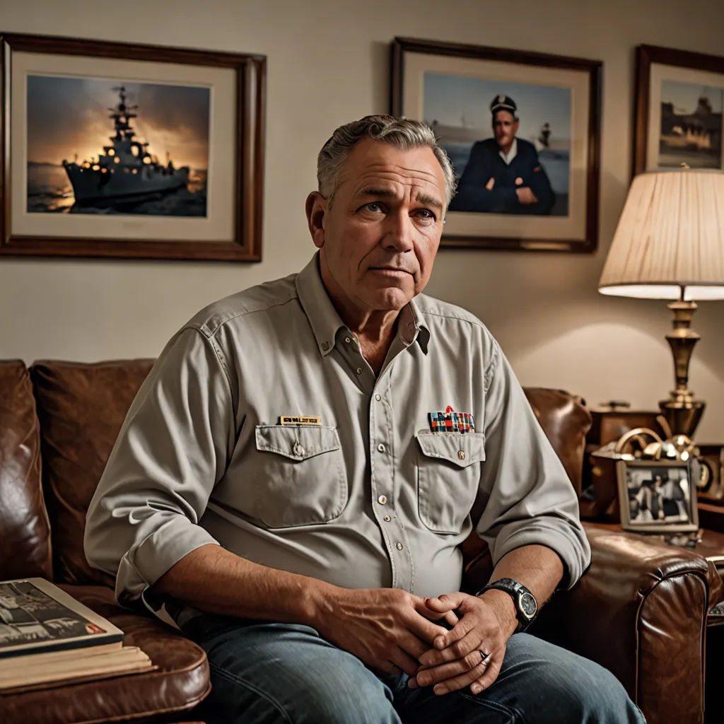 a man sitting on a couch in a living room next to a lamp and pictures on the wall behind him, american realism, a character portrait, Dennis Ashbaugh, character portrait