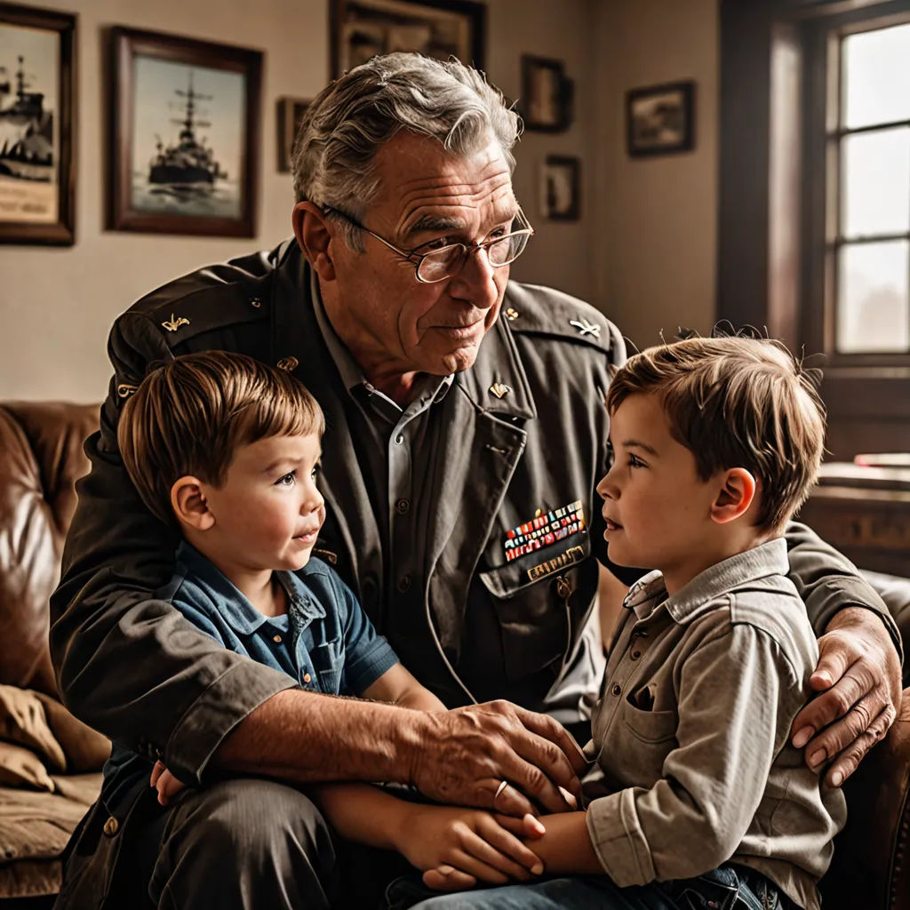 a man in a military uniform sitting on a couch with two boys and an older man in a suit, american realism, a storybook illustration, Dick Bickenbach, portrait photography