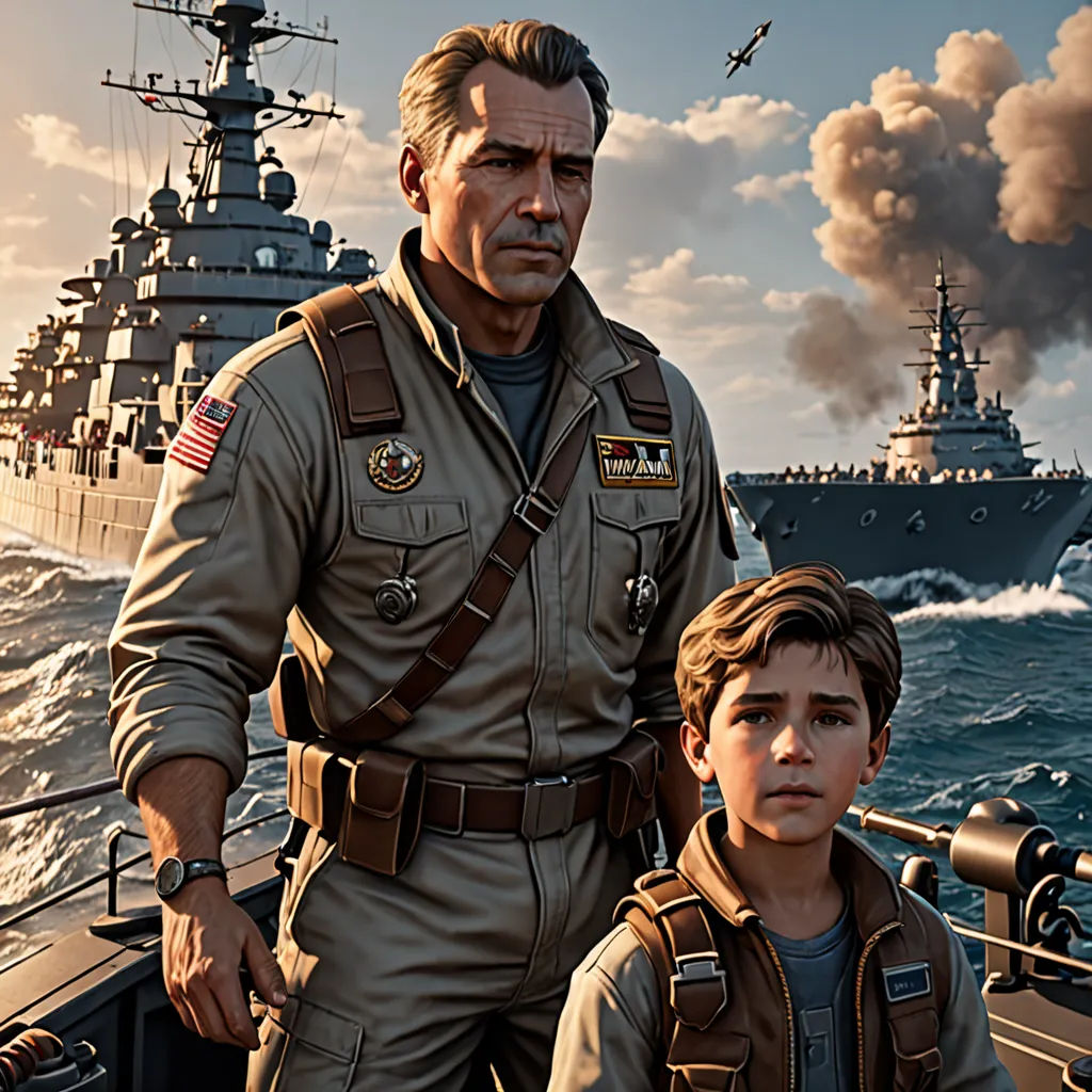 a man and a boy standing on a boat in the water with a battleship in the background and smoke billowing from the sky, american realism, a detailed matte painting, Cliff Childs, key art