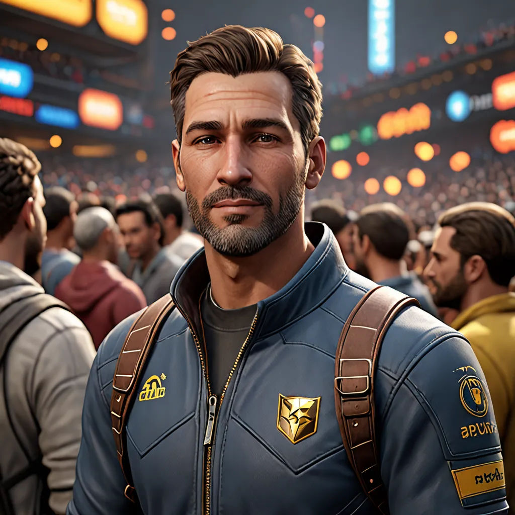 a man in a blue suit standing in front of a crowd of people in a stadium with a video game controller, photorealism, computer graphics, Cedric Seaut (Keos Masons), unreal engine 5 highly rendered