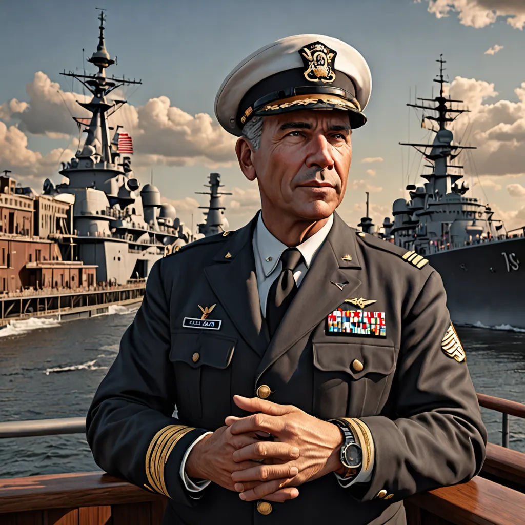 a man in a military uniform standing on a boat deck with a battleship in the background and a painting of a navy officer, american realism, a photorealistic painting, Allan Brooks, highly detailed digital painting