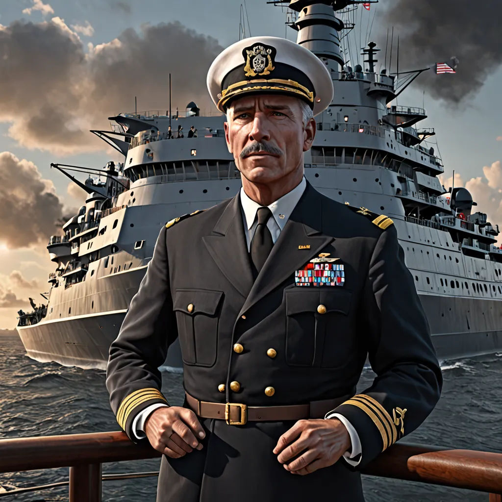 a man in a military uniform standing on a boat deck with a battleship in the background and smoke billowing from the stacks of smoke, american realism, a character portrait, Aleksandr Gerasimov, highly detailed digital painting
