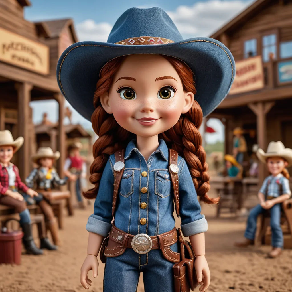a doll with a cowboy outfit and hat on a dirt ground with people in the background and a building, photorealism, a character portrait, Ada Gladys Killins, promotional image