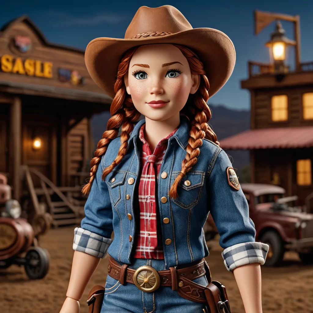 a doll with a cowboy outfit and a hat on a dirt ground in front of a building with a sign that says sasile, regionalism, a character portrait, Dorothy Coke, promotional image