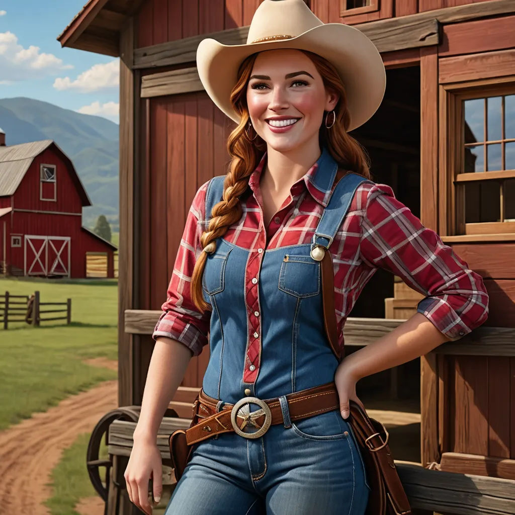 a woman in a cowboy hat and overalls standing in front of a barn with a horse and a barn yard, american scene painting, computer graphics, Dorothy Coke, promotional image