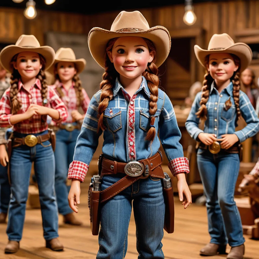 a group of dolls dressed in cowboy outfits and hats, standing in a line in a room with other dolls, kitsch movement, a stock photo, Dorothy Coke, promotional image