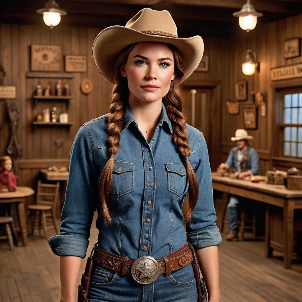 a woman in a cowboy hat standing in a room with a table and chairs and a man in a western outfit, verdadism, a character portrait, Christian Hilfgott Brand, promotional image