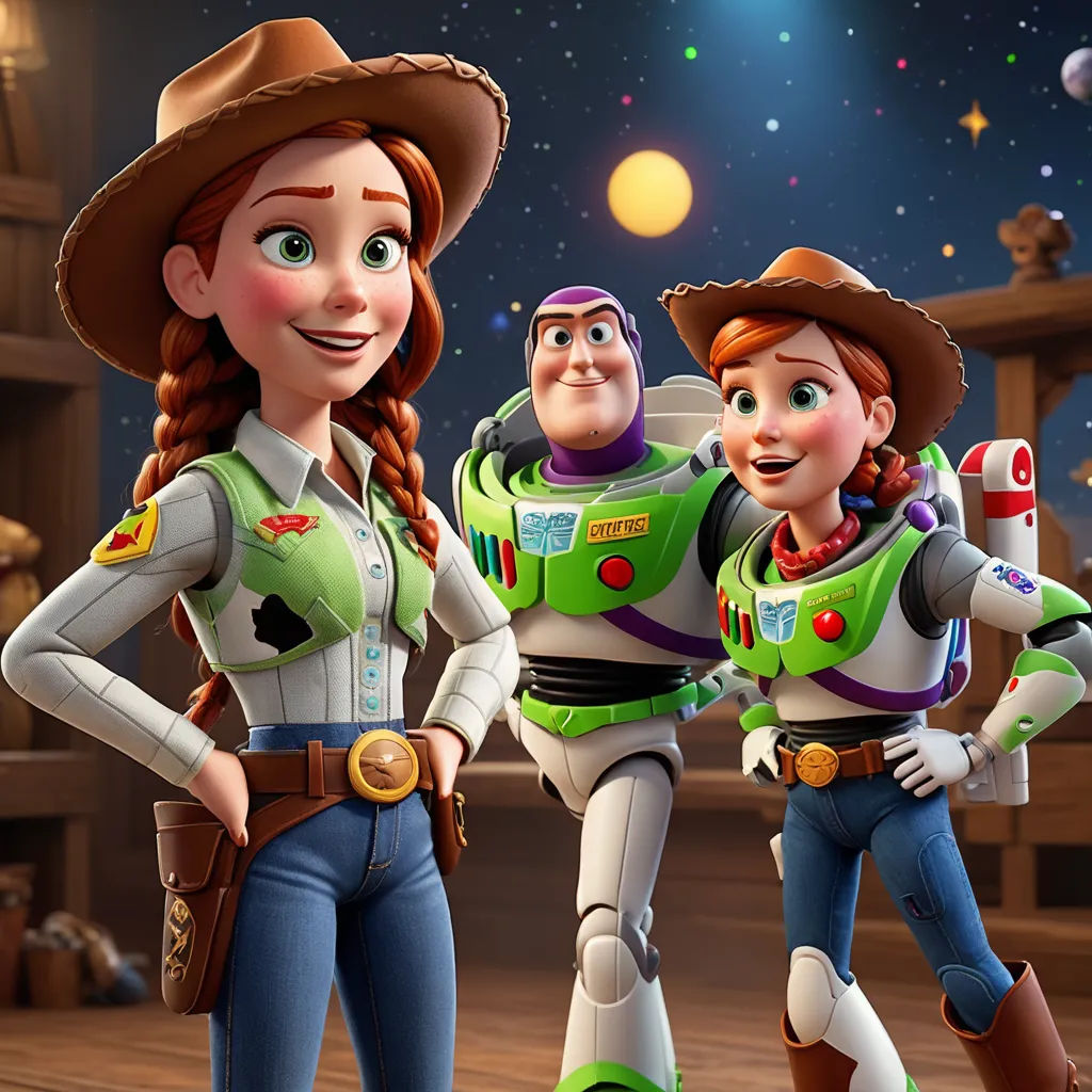 a cartoon picture of two people in a toy story setting with a background of stars and a sky with a few planets, sots art, concept art, disney, promotional image