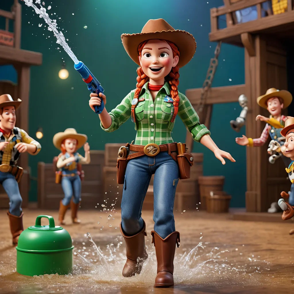 a toy figure of a woman in a cowboy outfit with a gun and other toy figures in the background, photorealism, concept art, disney, promotional image