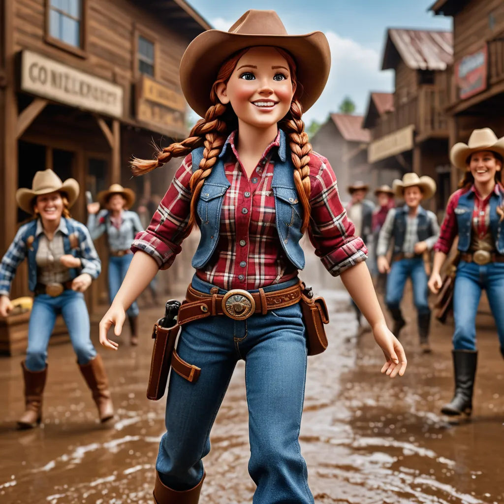 a doll is standing in the mud with a cowboy outfit on and a cowboy hat on her head and a group of people in the background, kitsch movement, concept art, disney, official art