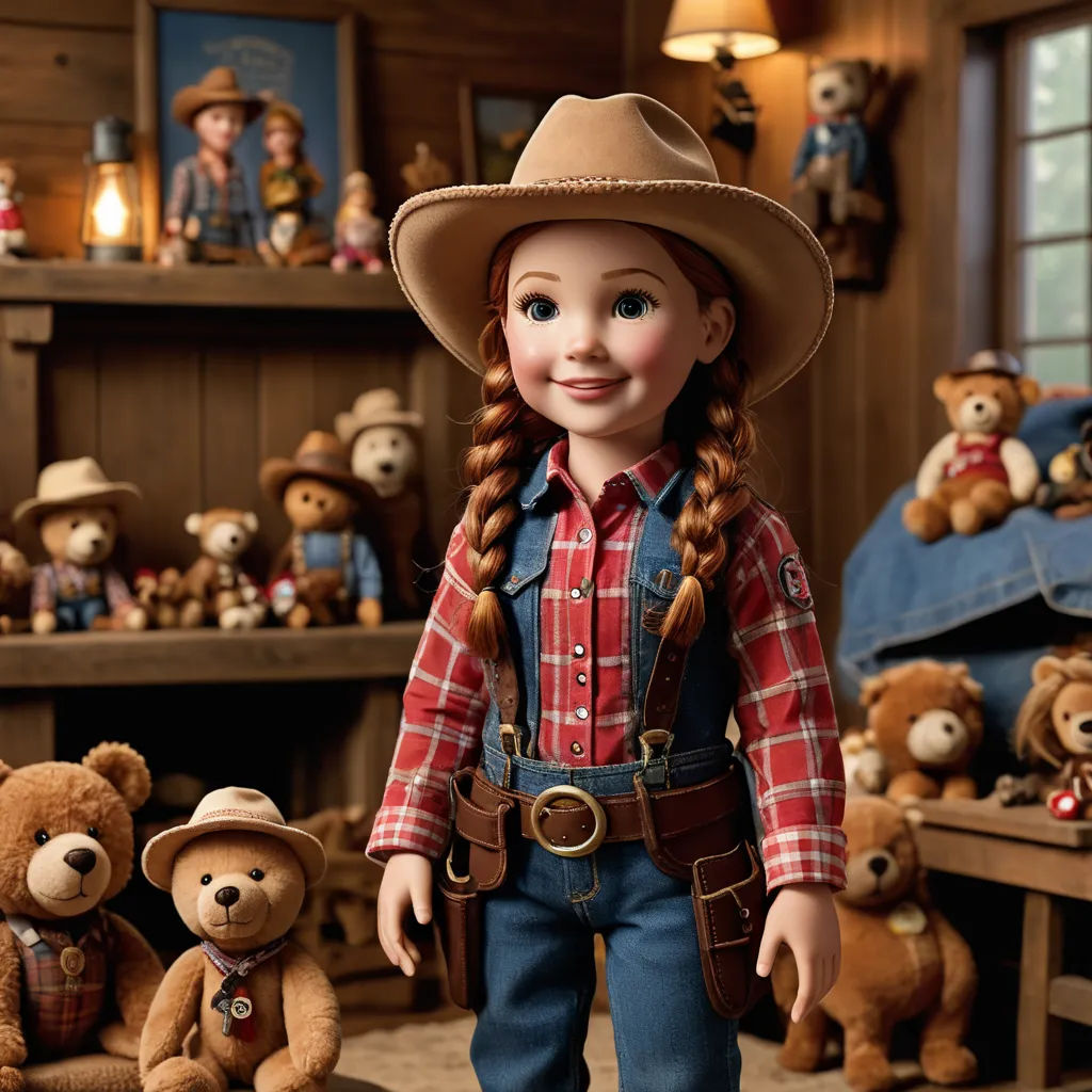 a doll with a cowboy outfit and a hat standing in a room full of teddy bears and other toys, assemblage, a character portrait, disney, promotional image