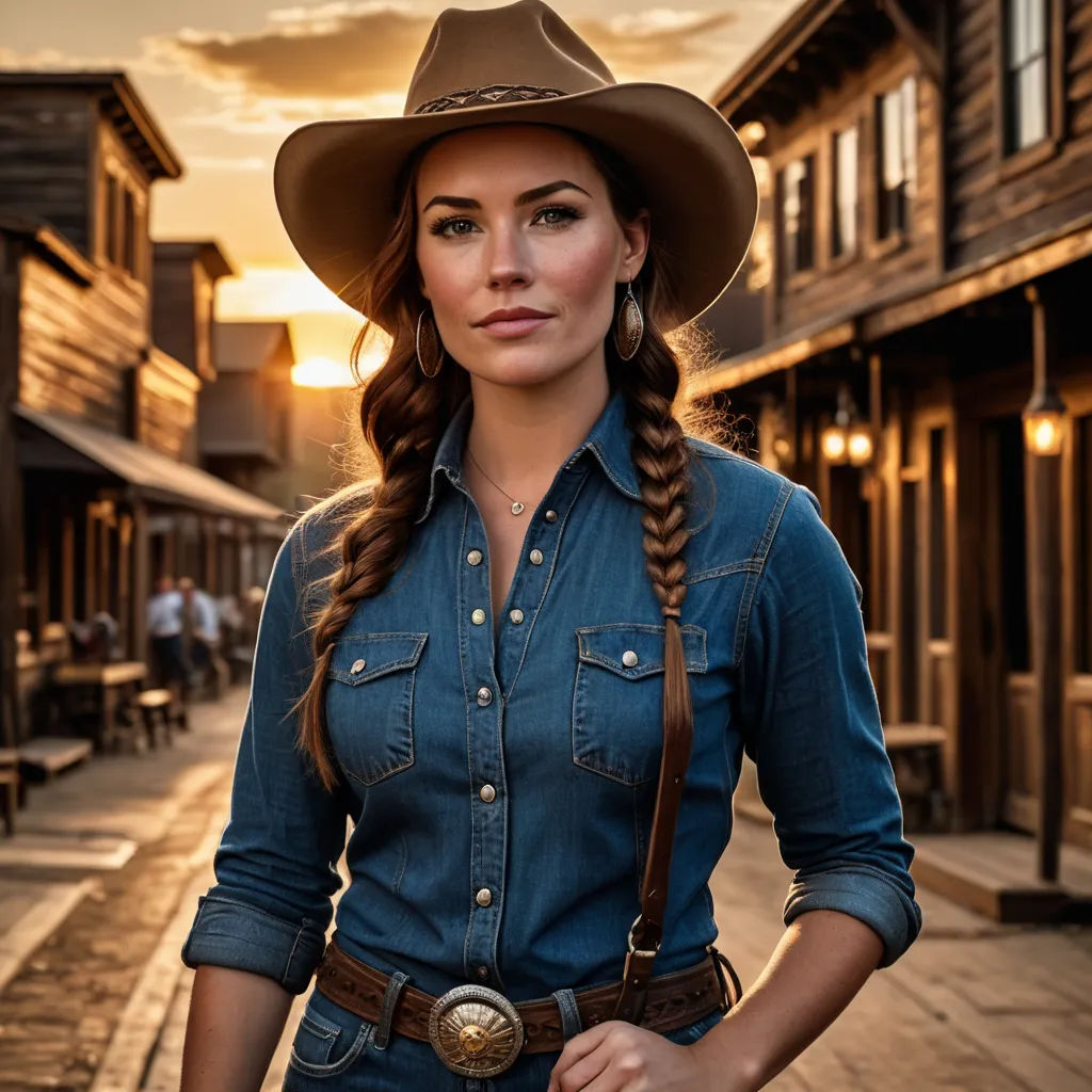 a woman in a cowboy hat standing in a town street at sunset with a cowboy outfit on and braids in her hair, kitsch movement, a character portrait, Brigette Barrager, promotional image