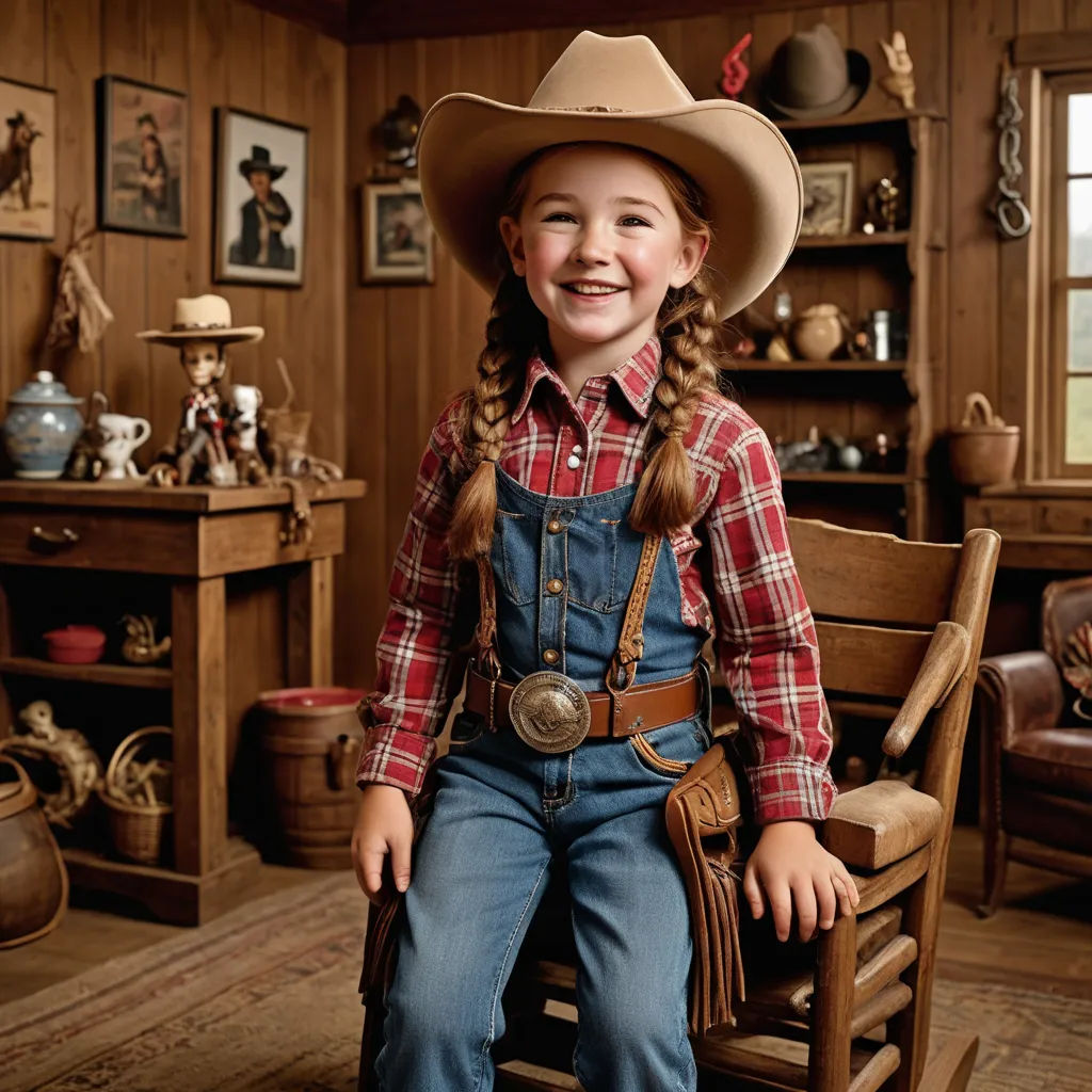 a young girl wearing a cowboy hat and jeans sitting on a rocking chair in a room with wooden walls, american barbizon school, a stock photo, Americo Makk, western