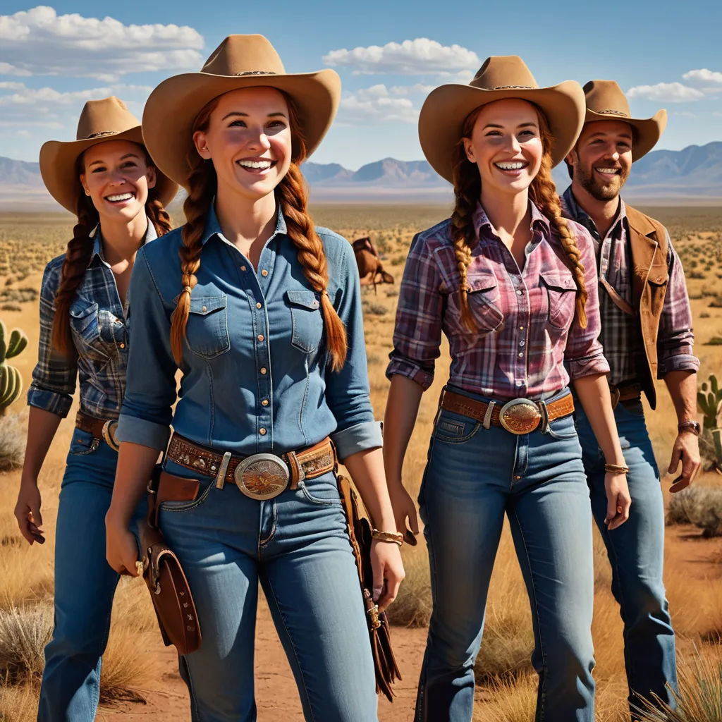 three women in cowboy outfits standing in the desert with a man in the background smiling at the camera and a man in the background smiling, verdadism, a stock photo, Chris LaBrooy, promotional image