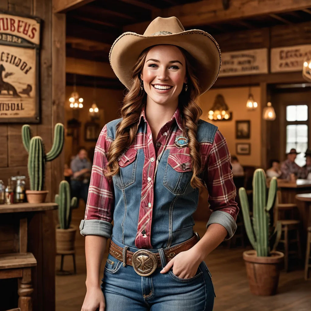 a woman in a cowboy hat standing in a restaurant with a cactus in the background and a sign that says,, regionalism, a character portrait, Ancell Stronach, promotional image