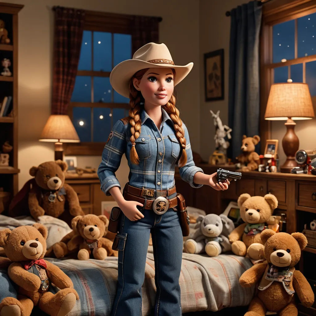 a doll is posed in a bedroom with teddy bears and a bed with a cowboy hat on it and a gun in her hand, american realism, concept art, Doug Ohlson, promotional image
