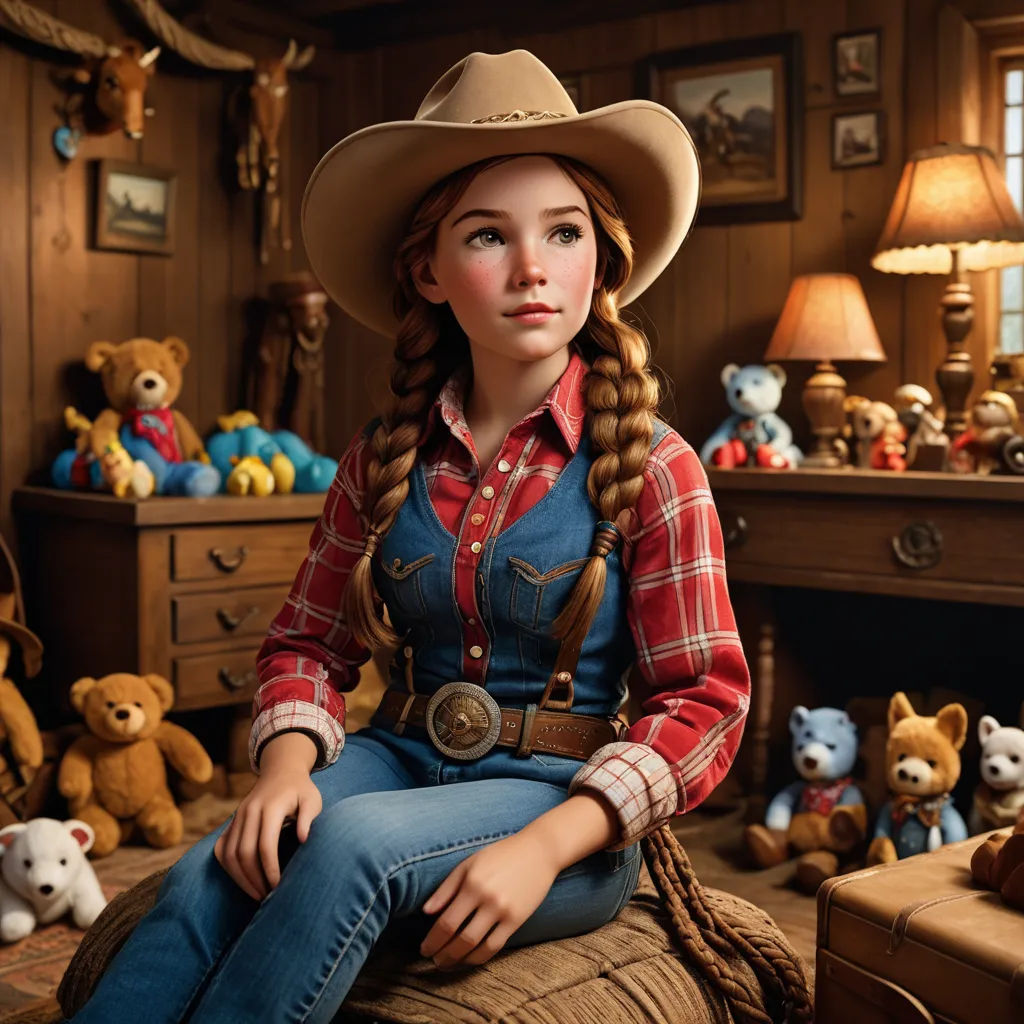 a woman in a cowboy hat sitting on a bed with stuffed animals in the background and a fireplace in the corner, photorealism, a character portrait, Chris LaBrooy, promotional image