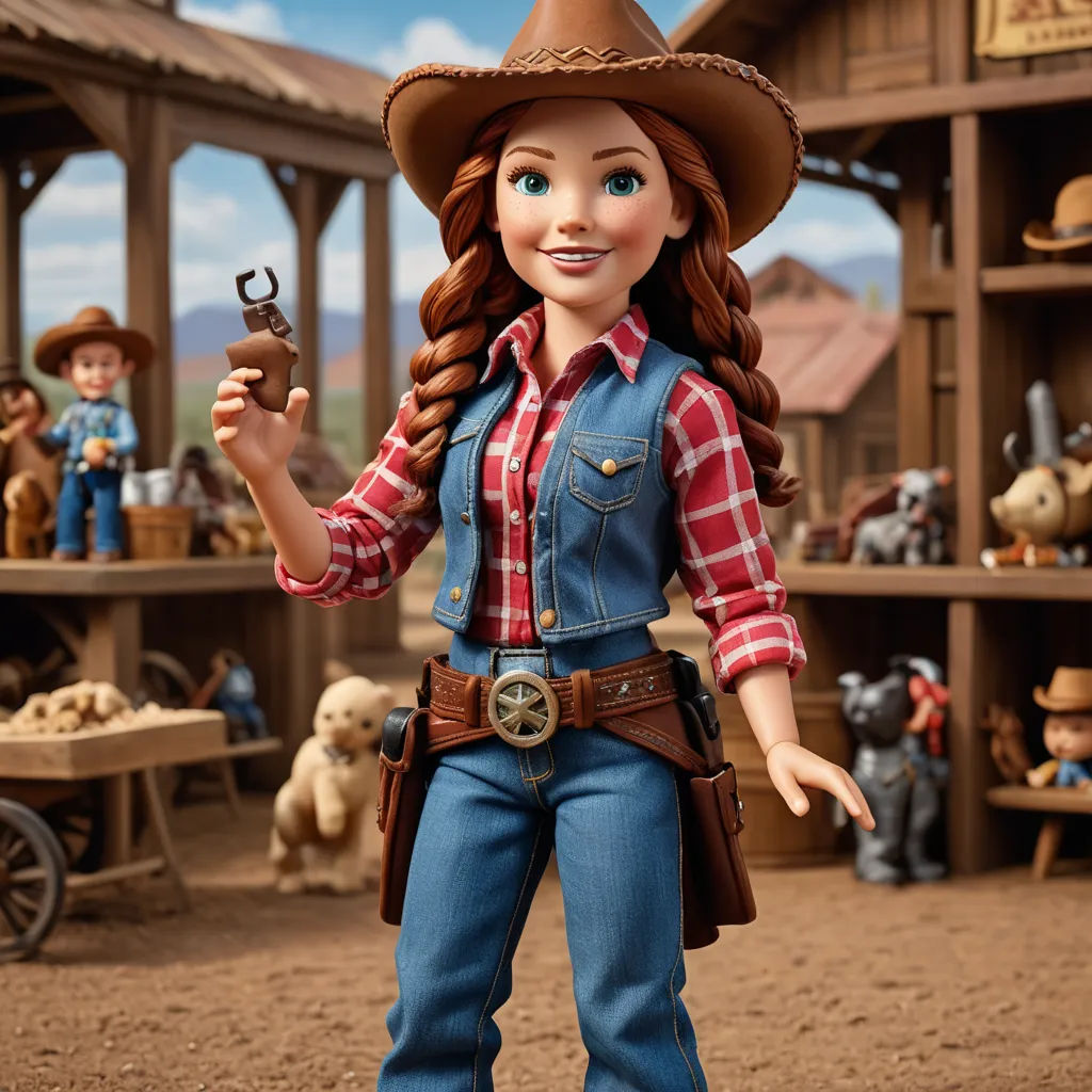 a doll with a cowboy outfit and a gun in her hand and a toy horse in the background with a toy store in the background, photorealism, a character portrait, Doug Ohlson, promotional image