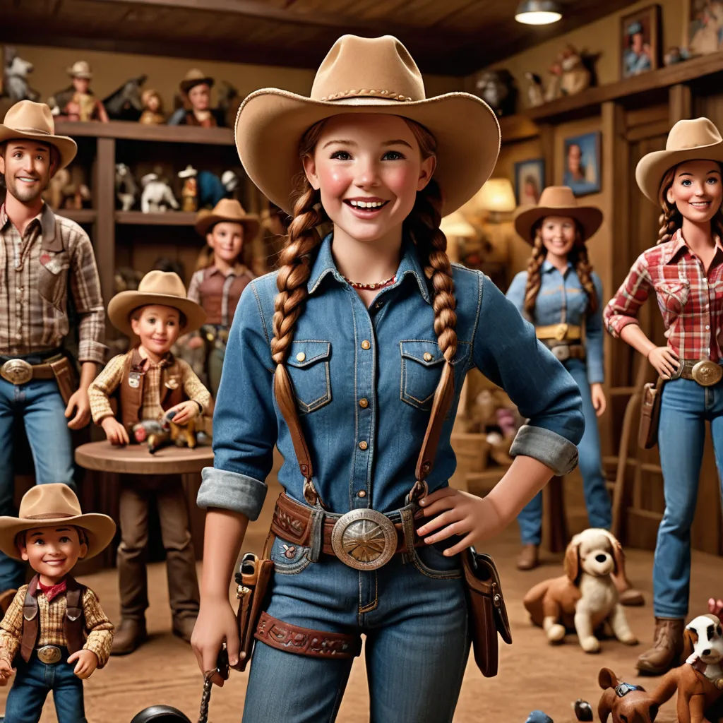 a group of toy people standing around a doll house with a cowboy theme on the wall and a woman in a cowboy outfit, assemblage, a digital rendering, Chris LaBrooy, promotional image