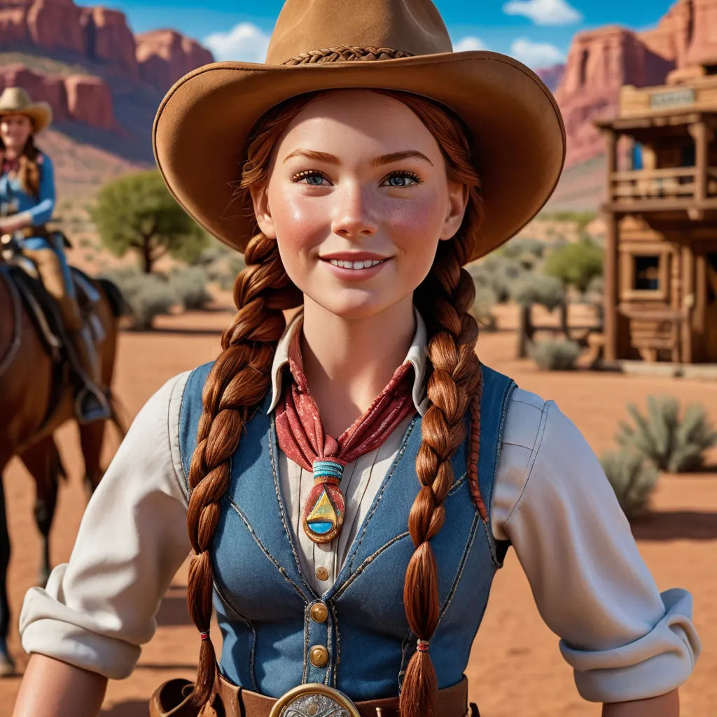 a woman in a cowboy outfit is standing in the desert with a horse and a man in the background, photorealism, concept art, Anne Said, cgstudio