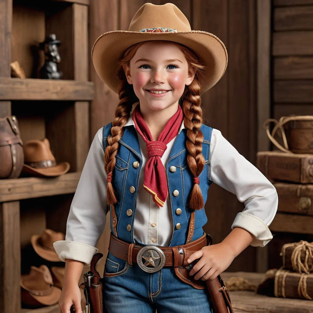 a young girl dressed in a cowboy outfit and a red bandana smiles for the camera while standing in a room full of old western memorabilia, photorealism, a digital rendering, Anne Said, promotional image
