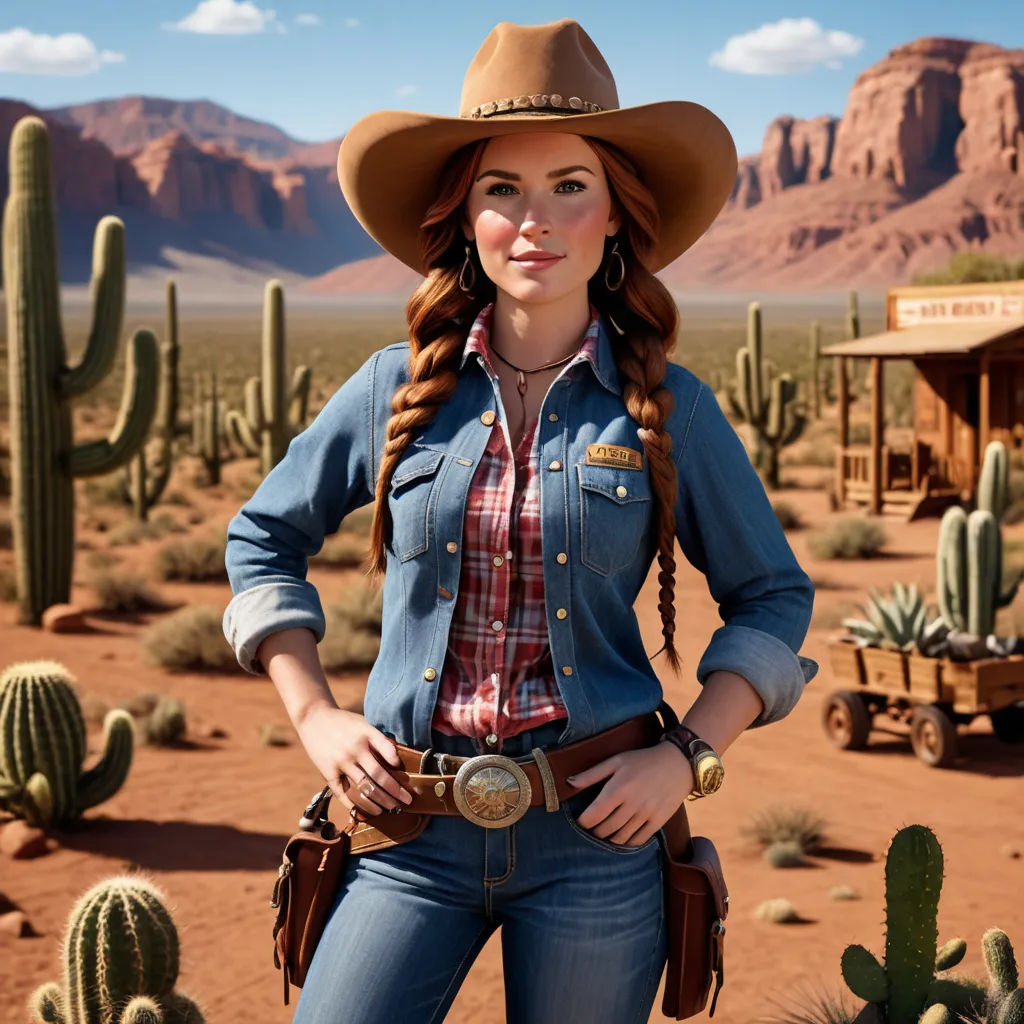 a woman in a cowboy hat standing in front of a cactus field with a sign that says,,, photorealism, a photorealistic painting, Christian Hilfgott Brand, behance hd