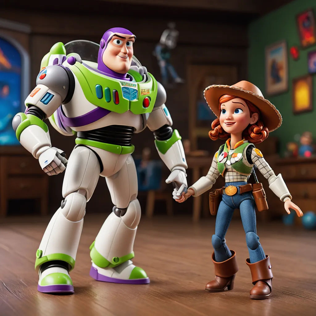 a toy story scene with buzz and woody the space walker holding hands and a toy figure holding hands with woody the space walker, figurativism, a 3D render, Edward George Handel Lucas, pixar and disney animation