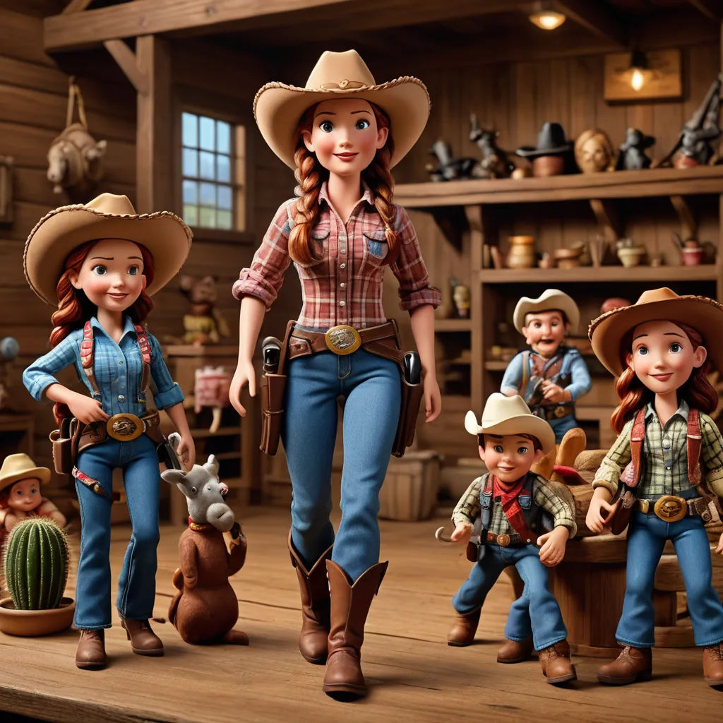 a group of toy figurines of a woman and two children with cowboy hats and boots on a table, photorealism, concept art, disney, promotional image
