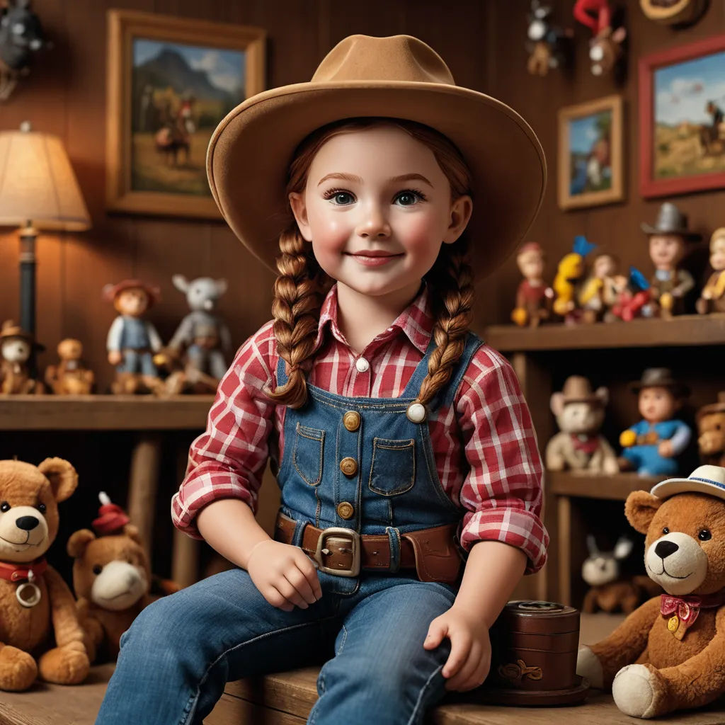 a doll sitting on a table with a teddy bear and other stuffed animals behind it and a shelf with pictures on it, photorealism, a digital rendering, Bob Byerley, promotional image