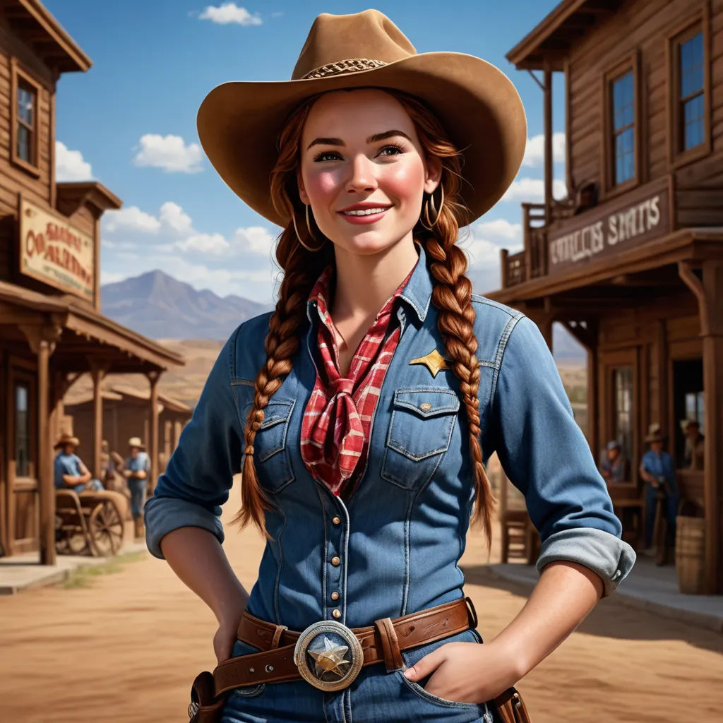 a woman in a cowboy outfit standing in front of a building with a sign that says rich rich suits, american scene painting, a photorealistic painting, Bob Ringwood, western comic book art