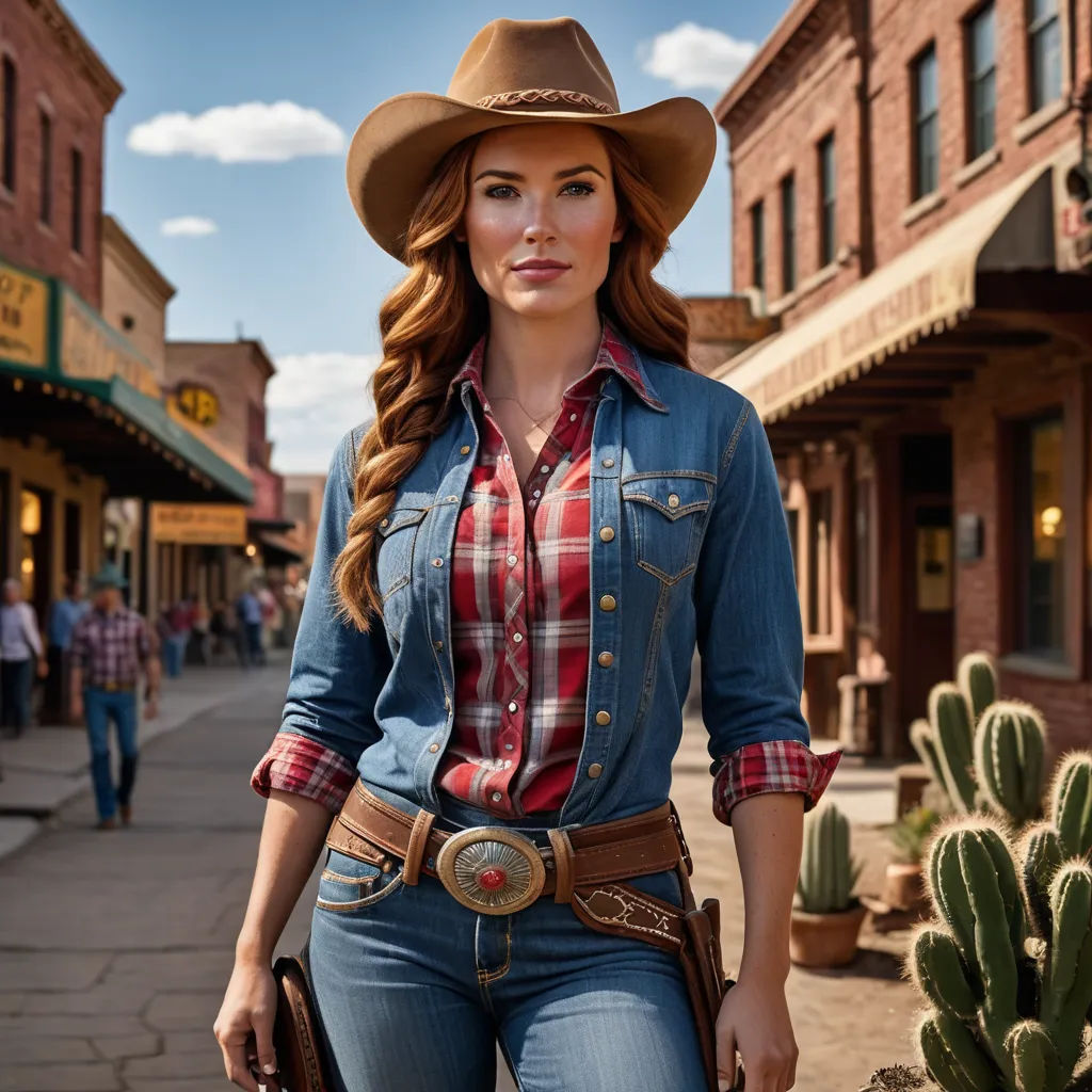 a woman in a cowboy outfit is standing in the street with a cactus in the background and a building with a cactus in the foreground, american scene painting, a character portrait, Evan Charlton, promotional image