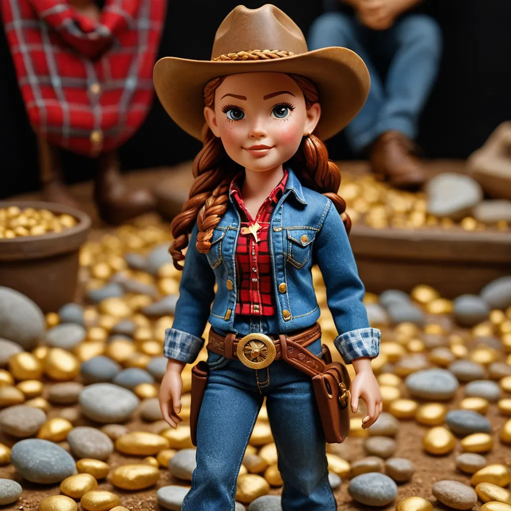 a toy doll with a cowboy outfit and a hat on a bed of rocks and gold coins with a man in the background, kitsch movement, a character portrait, Doug Ohlson, unreal engine 5 quality render